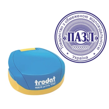 Печать ТОВ на карманной оснастке TRODAT Micro Printy 9342 диаметром 42 мм Сине-жёлтый (ТОВ19/9342/BY)