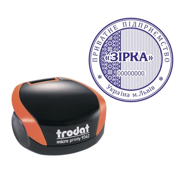 Печать ТОВ на карманной оснастке TRODAT Micro Printy 9342 диаметром 42 мм Оранжевый (ТОВ1/9342/O)