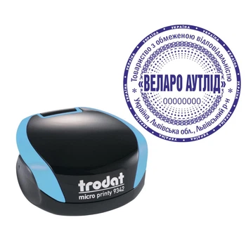 Печать ТОВ на карманной оснастке TRODAT Micro Printy 9342 диаметром 42 мм Бирюзовый (ТОВ15/9342/BZ)