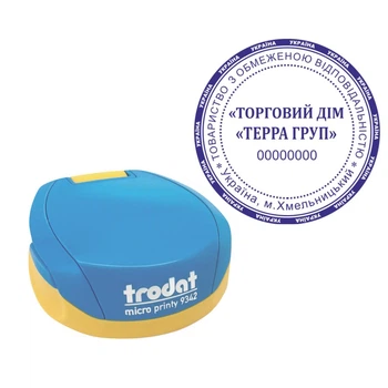 Печать ТОВ на карманной оснастке TRODAT Micro Printy 9342 диаметром 42 мм Сине-жёлтый (ТОВ23/9342/BY)