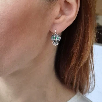 Серебряные женские серёжки серьги Совы с Зелеными глазками серебро 925 пробы Черненное 2148 4.00г