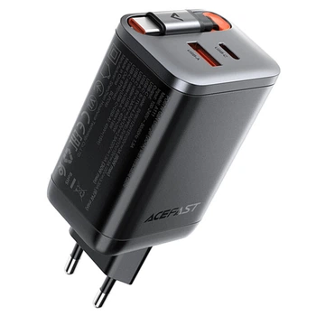Мережевий зарядний пристрій ACEFAST A111 PD67W GaN із 2×USB-C, USB-A та висувним кабелем, Black