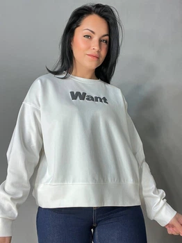 Свитшот женский U S 293 широкий оверсайз трикотаж надпись WANT one size белый