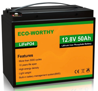 Промышленный LiFePO4 аккумулятор Eco-Worthy 12.8V 50Ah ECO-LFPAD1250 литий-железо-фосфатный для cес