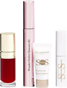 Zestaw kosmetyków pielęgnacyjnych Clarins Kosmetyczka + Tusz do rzęs 8 ml + Olejek do ust 7 ml + Tusz-serum do rzęs 3 ml + Primer 5 ml (3666057297618)