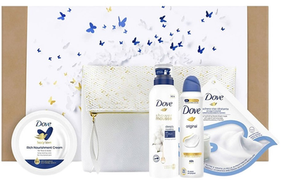 Zestaw kosmetyków do pielęgnacji ciała Dove Nourishment Kosmetyczka + Krem do ciała Rich Noursishment 150 ml + Żel pod prysznic Deeply Nourishing 200 ml + Antyperspirant w sprayu Original 150 ml + Maseczka do twarzy Deep Hydrating 27 ml (8720182476630)