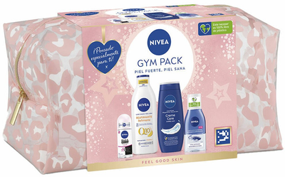 Набір для догляду за тілом Nivea Gympack Косметичка + Антиперспірант роликовий Black and White Invisible 50 мл + Лосьйон для тіла Q10 plus 400 мл + Гель для душу 250 мл + Засіб для зняття макіяжу з очей Visage Double Effect 125 мл (8412300052542)