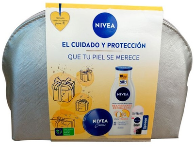 Набір для догляду за тілом Nivea Silver Універсальний крем 75 мл + Лосьйон для тіла Q10 Plus 400 мл + Антиперспірант роликовий Invisible For Black & White Original Mini 50 мл + Бальзам для губ Liposon 4.8 г (8412300049641)