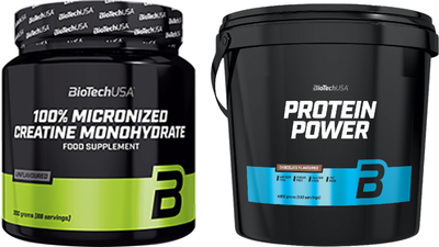 Набор Креатин Biotech 100% Creatine Monohydrate 300 г (5999076227426) + Протеин Biotech Protein power с Креатином 4000 г Шоколад (5999076223701)