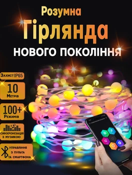 Умная гирлянда матовые шарики Smart 10м с пультом ДУ и управлением со смартфона Bluetooth (USB) RGB