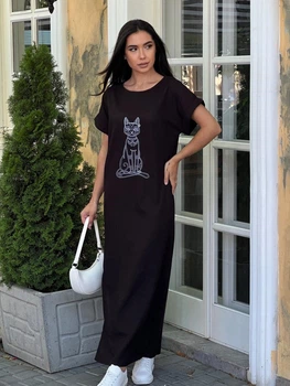 Сукня максі з вишивкою "Кіт" INNOE 270353-5, р. 56-58 Чорний