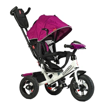 Велосипед-коляска з батьківською ручкою BestTrike 3390-37-633 фара з USB та Bluetooth, надувні колеса, Фіолетово-білий