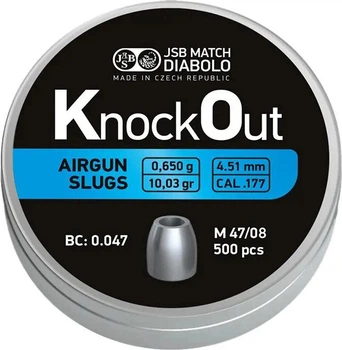 Пули пневматические JSB Diabolo KnockOut Slugs. Кал. 4.51 мм. Вес - 0,65 г. 500 шт/уп