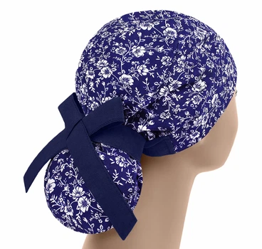 Медична шапочка жіноча PonyTopHat універсальна принт білі Квіти на синьому