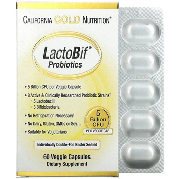 Пробіотики LactoBif 5 млрд ДЕЩО, 60 рослинних капсул California Gold Nutrition