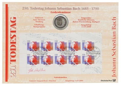 Монета Германия 10 марок 2000 UNC F Композитор - Иоганн Себастьян Бах в сувенирной упаковке