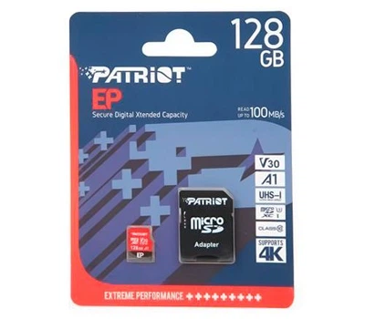 Карта пам'яті microSDXC, 128Gb, Patriot EP, Class10 UHS-I U3 V30 A1, SD адаптер, до 90/80 МБ/с (PEF128GEP31MCX)