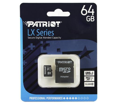 Карта памяти microSDXC, 64Gb, Patriot LX, Class10 UHS-I U1, SD адаптер, до 80 МБ/с (PSF64GMCSDXC10)