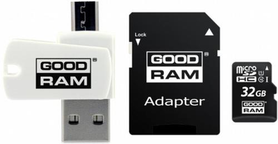 Карта памяти microSDHC, 32Gb, Goodram M1A4, Class10 UHS-I U1, SD адаптер, OTG картридер, до 100/10 МБ/с (M1A4-0320R12)