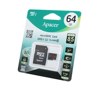 Карта памяти microSDXC, 64Gb, Apacer R85, Сlass10 UHS-I U1, SD адаптер, до 85 МБ/с (AP64GMCSX10U5-R)