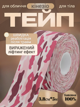 Кінезіо тейп для обличчя та тіла Kinesio tape, розмір 3,8см*5м, рожевий комуфляж (LS-KT-05-3_8)