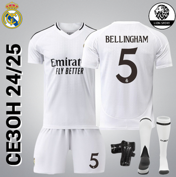 Футбольна форма Real Madrid BELLINGHAM (Реал Мадрид Белінгем), сезон 24/25 з гетрами (розмір 34-38) та щитками, розмір 30 на зріст 150-160 см, біла (R-03-BL-WT-30)