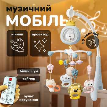 Музыкальный мобиль на кроватку с проекцией весёлых зверят Sleepy Pingvi, ночник, проектор и пульт управления, голубой