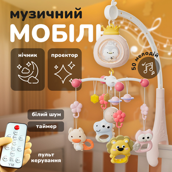 Музыкальный мобиль на кровавтку с проекцией весёлых зверят Sleepy Pingvi, ночник, проектор и пульт управления, розовый