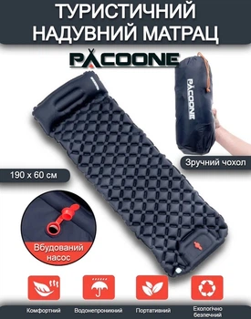 Туристичний Надувний Матрац PACOONE 40DNylon TPU з Подушкою, Надувний Каремат з Вбудованим Насосом, Килимок Для Кемпінгу 190 на 60 см Темно-синій (NM101PC)