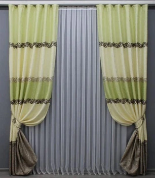 Шторы в гостиную, спальню из жаккарда (2шт 1,5х2,7м). Цвет салатовый с какао и бежевым