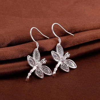 Серьги-подвески, Латунь, Стрекоза, Серебро, 32x19мм, 1 пара
