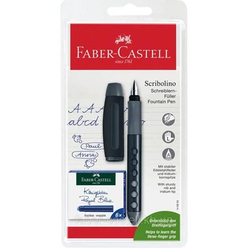 Ручка Faber-Castell для шульги пір'яна А + 6 картріджів,чорна