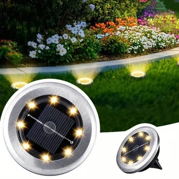 Світильник на сонячній батареї Solar Disk Light, 8 LED, точковий садовий ліхтар, діаметр 7 см, IP44, тепле світло