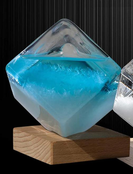 Барометр Штормгласс Куб большой 15х11,5 см Storm glass на деревянной подставке Голубой