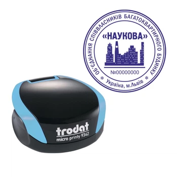 Печать ОСББ на карманной оснастке TRODAT Micro Printy 9342 диаметром 42 мм Бирюзовый (О8/9342/BZ)
