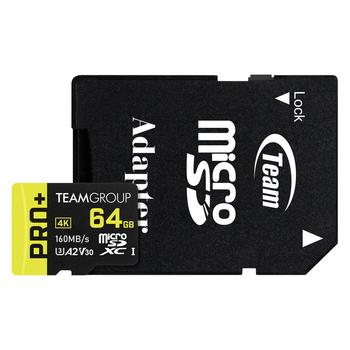 Карта памяти MicroSDXC 64GB UHS-I/U3 Class 10 Team Pro+ R160/W55MB/s + SD-адаптер (TPPMSDX64GIA2V3003)