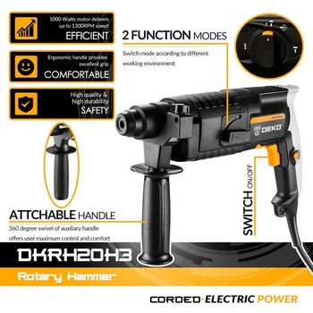 Перфоратор, ударная дрель с аксессуарами в кейсе DEKO 600W S5002-DKRH20H3
