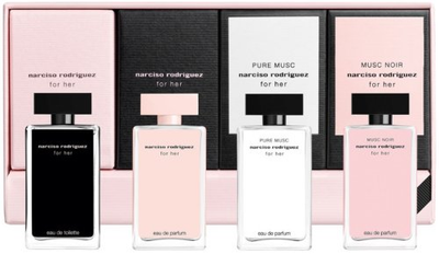Zestaw miniatur damskich Narciso Rodriguez Woda toaletowa For Her 7.5 ml + Woda perfumowana For Her 7.5 ml + Woda perfumowana Pure Musc 7.5 ml + Woda perfumowana Musc Noir 7.5 ml (3423222107963)