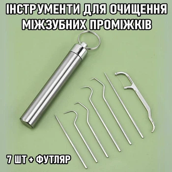 Дорожній набір інструментів для чищення зубів: зубочистки / нитки / флоси для міжзубних проміжків Dents комплект багаторазових зубочисток з нержавіючої сталі + футляр, 7 шт, сріблястий (106216168)