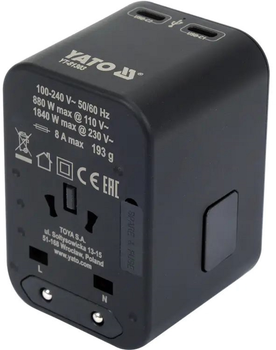 Gniazdo zasilacza YATO 110-240 V do 8 A z gniazdem uniwersalnym i wtyczkami 880/1840 W dla 110/230 V YT-81303 (5906083107627)