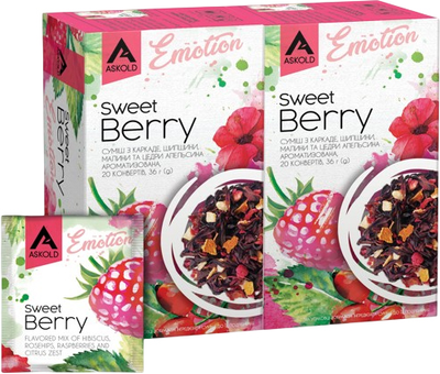 Набір суміші Askold Sweet Berry з каркаде шипшини малини та цедри апельсина ароматизована 36 г 20 конвертів по 1.8г х 2 пачки (4820275501479)