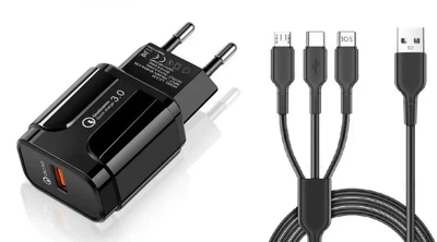 Быстрое зарядное устройство 18W Qualcomm Quick Charge 3.0 с кабелем Type-C, microUSB или Lightning