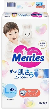 Детские подгузники, размер L, 9-14 кг, 48 шт. - Merries 48шт (1417611-31105469)