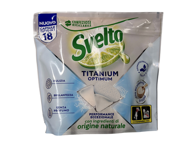 Таблетки для посудомийки Svelto titanium optimum con bicarbonato, di sodio, 18 шт, 1575 г