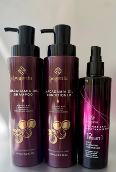 Набір для догляду за волоссям Bogenia Macadamia Oil №1 + Відновлюючий спрей для волосся 12 в 1 професійний Bogenia BG407