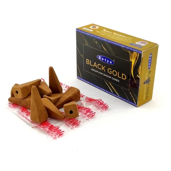 Благовония Black Gold Backflow Cones Satya 10шт/уп. Арома-конусы с обратным потоком Черное Золото (34981)