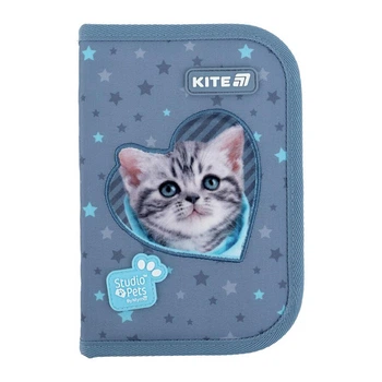 Пенал Kite StudioPets "Кошенятко в сердечку" 1 отделение с 2 отворотами каркасный на молнии серо-синий (SP25-622-3)