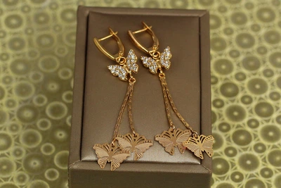 Серьги подвески Хuping Jewelry три бабочки 6 см золотистые