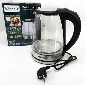 Електрочайник дисковий скляний з LED підсвічуванням Rainberg RB 2250 2200 Вт, 1.8л NAI