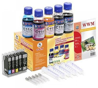Комплект перезаправляемых картриджей WWM Canon c чипами + чернила (5х100 г) (RC.CLI521ARC)